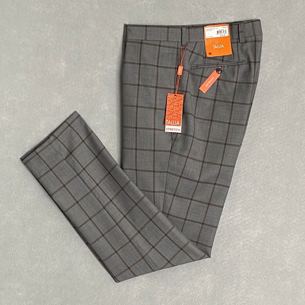 Tallia Men's 32x32 Suit Pant Stretch Wool Blend Grey & Brown Window Pane NEW